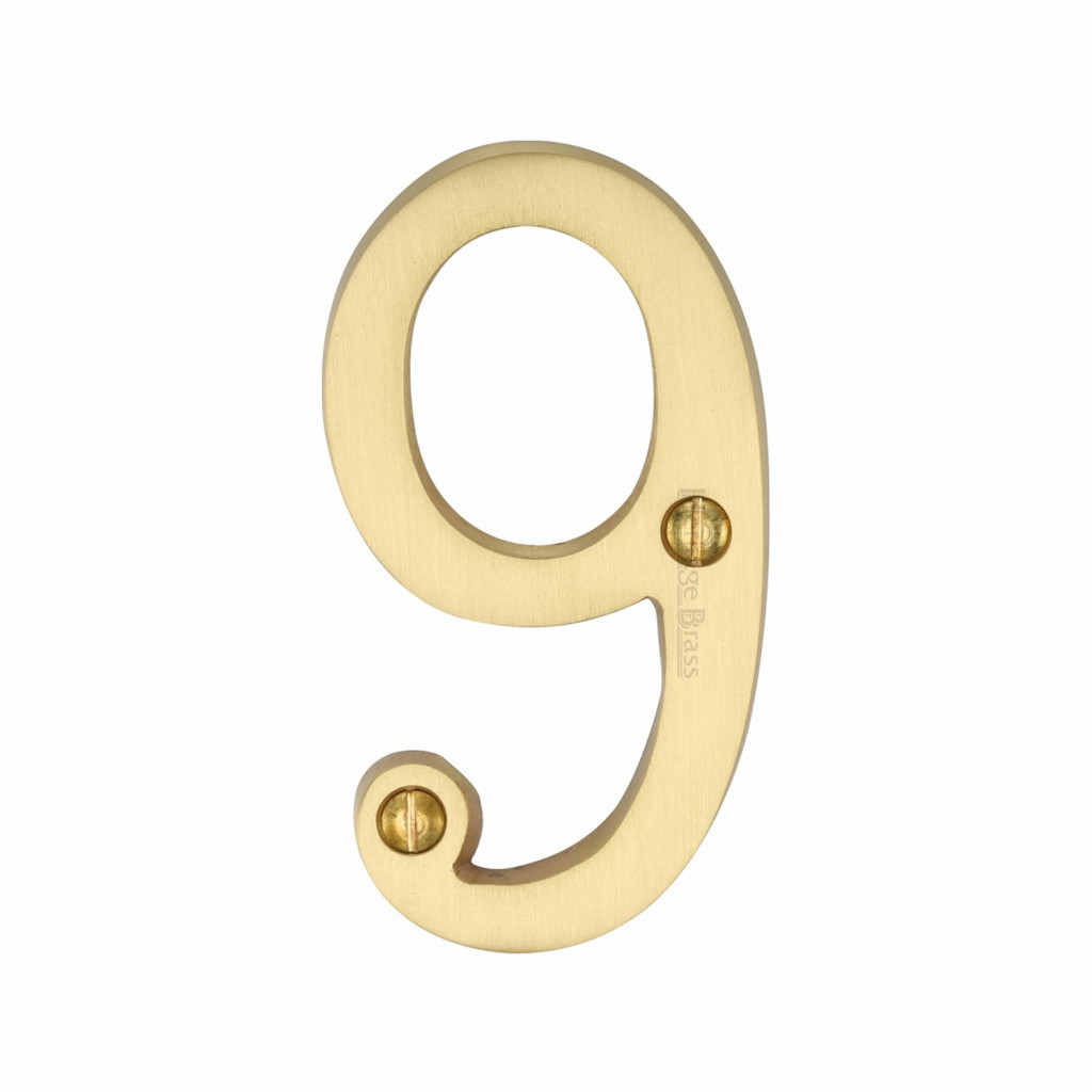 M Marcus Heritage Brass Numeral 9 - Face Fix 76mm Slimline font